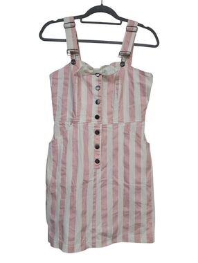 Unique Vintage Pink Striped Button-Front Pinafore Mini Dress Medium